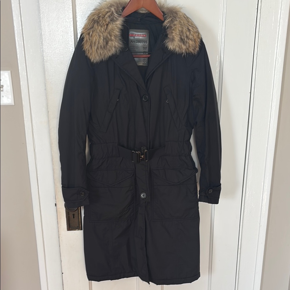 Black Long Prada Belted Parka with Fur Trim US 4